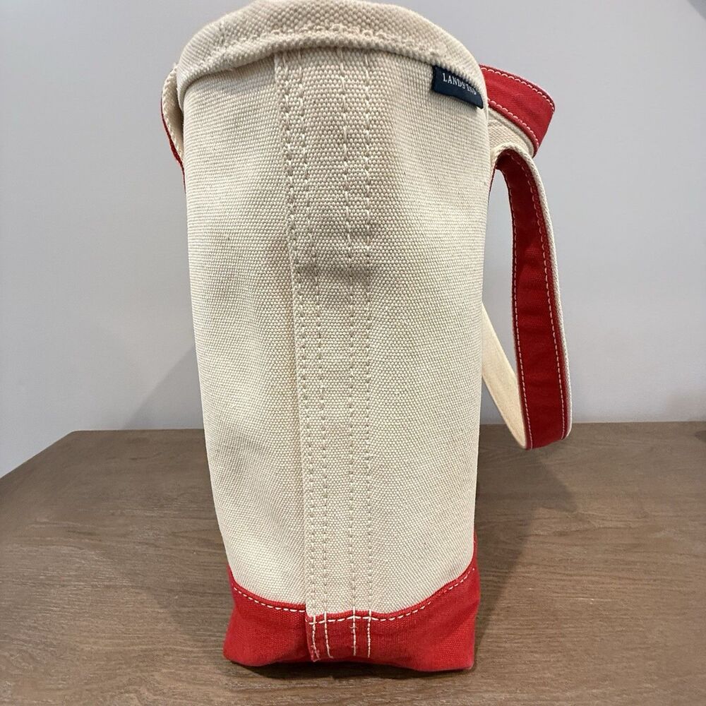 Lands End Open Top Canvas Tote Bag M Shoulder Red Natural Cotton Preppy Sturdy - Picture 3 of 16